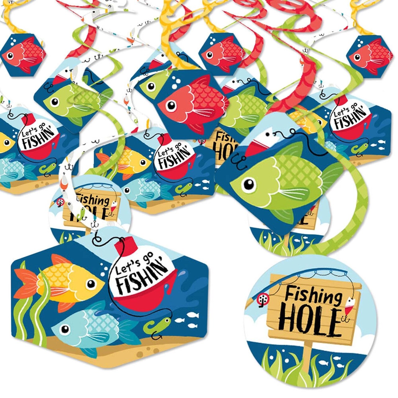 Big Dot of Happiness Let's Go Fishing - Fish Themed Birthday Party or Baby Shower Hanging Decor - Party Decoration Swirls - Set of 40